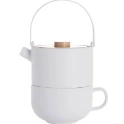 Tea for One Set aus Steingut mit Bambusdeckel