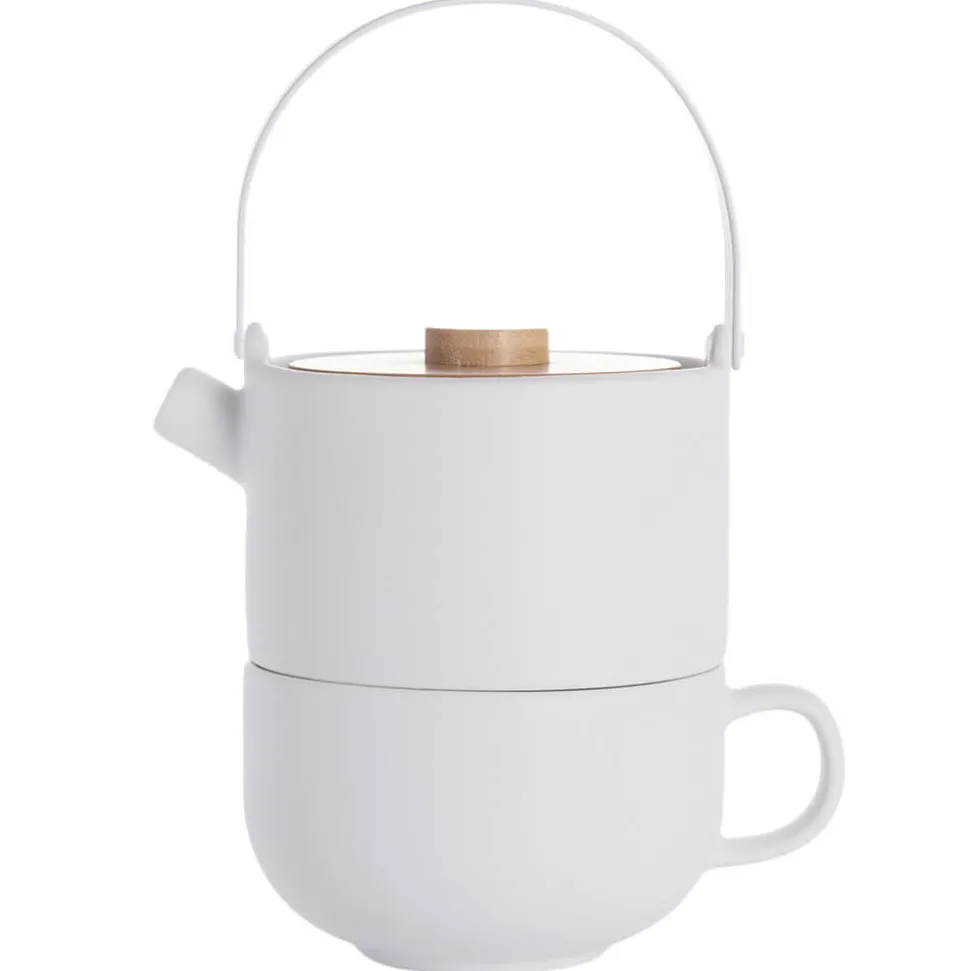 Tea for One Set aus Steingut mit Bambusdeckel