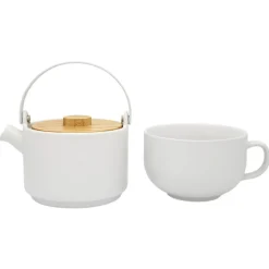 Tea for One Set aus Steingut mit Bambusdeckel