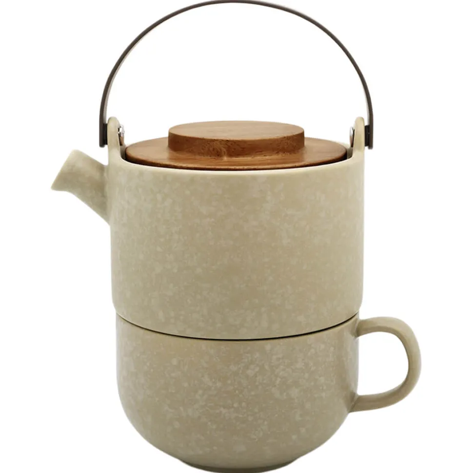 Tea for One Set aus Steingut mit Bambusdeckel